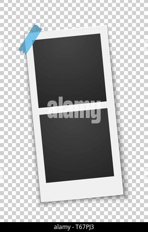 Squared empty photo template glued on a blue sticker isolated on a transparent background. Double frame. Photo, film card. Row rotated. Vector illustr Stock Vector