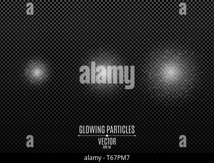 Set of white glitters isolated on a dark transparent background. Stylish sparkle. Spraying dust. Shimmering particles. Flying glowing lights. Vector i Stock Vector
