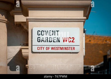 Covent Garden Street Sign, Covent Garden has been the home of Street Performers since the 17th century. Stock Photo