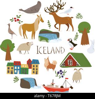 Iceland nature vectorin a circle with  symbols of landscapes, animals and architecture. . Stock Vector