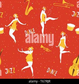 Vintage style vector dance seamless pattern with dansing woman and musical instruments Stock Vector