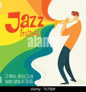 Vector jazz poster with trumpet player and festival text Stock Vector