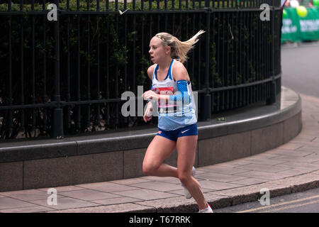 Charlotte Purdue running for Great Britain, in the Elite Women's 2019 London Marathon. Charlotte finished 10th, in a time of  02:25:38 Stock Photo