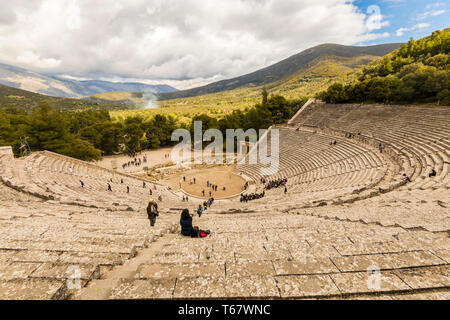 Epidaurus, Greece. The Ancient Theatre of Epidaurus, a theatre located in the sanctuary dedicated to the ancient Greek God of medicine, Asclepius Stock Photo
