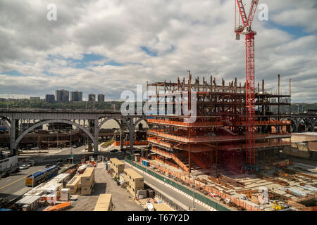 Construction in the 17 acre area, partially acquired through the use of controversial eminent domain, in Manhattan Valley in New York where Columbia University is building a bio-tech lab as well as a general university expansion on Saturday, April 27, 2019. The Riverside Drive viaduct spanning Manhattan Valley is in the background. (Â© Richard B. Levine) Stock Photo