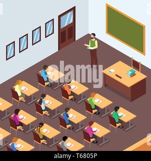 Isometric classroom illustration with teacher and students Vector ...