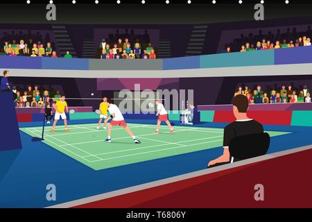 A vector illustration of Badminton Players in a Tournament Match Stock Vector