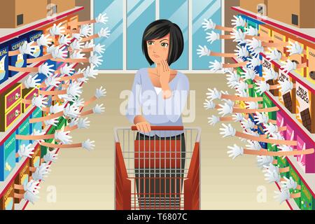 A vector illustration of Grocery Shopping Woman Faced With Too Many Choices Stock Vector