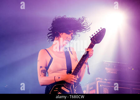 BENICASSIM, SPAIN - JUL 19: Heather Baron-Gracie, singer of Pale Waves (band), performs in concert at FIB Festival on July 19, 2018 in Benicassim, Spa Stock Photo