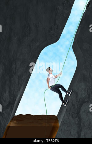 Man frees himself from alcohol addiction. A man climbs on a rope from an almost empty liquor bottle. The background is dark. The man climbs to light Stock Photo