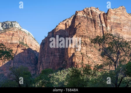 View of rock formations from in front of the Zion Lodge. Zion National Park, Utah, USA. Stock Photo