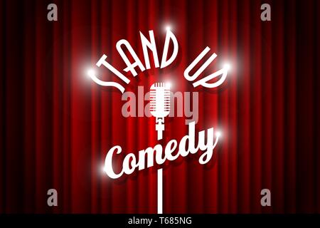 Stand up comedy night live show open mic on empty theatre stage. Vintage microphone against red curtain backdrop. Retro vector art image illustration. Stock Vector