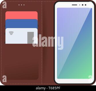 Mobile device smartphone with open and closed brown stitched leather case, plastic bank cards in pockets. Vector modern flat illustration isolated Stock Vector