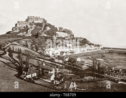Late 19th Century view of  Fort Regent on the top of Mont de la Ville,towering above the harbour of Saint Helier, on  Jersey, the largest of the Channel Islands, Crown dependencies, in the English Channel. The construction of the present fortress began on 7 November 1806, during the Napoleonic Wars. The fort was built using local workers and men from the Royal Engineers, which enabled it to be completed in 1814.