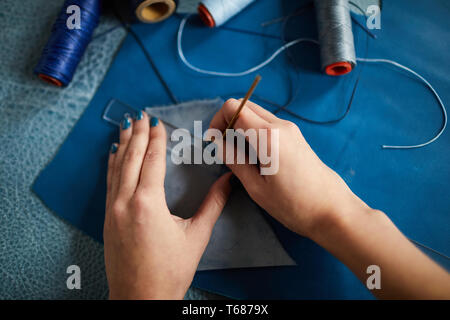 Tailor Sewing Leather Closeup Stock Photo