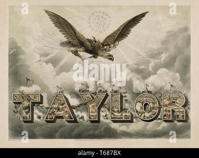 Campaign Print for Whig Presidential Candidate Zachary Taylor showing Bald Eagle Holding Cluster of Thunderbolts in one Talon and Olive Branch in the other as it Descends toward the name 'Taylor', which also lists the names of Taylor's Military Victories during the Mexican-American War, Lithograph, Joseph Goldsborough Bruff, 1848 Stock Photo