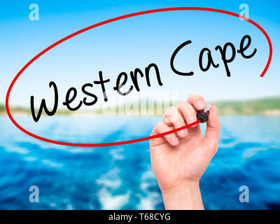 Man Hand writing Western Cape with black marker on visual screen ...