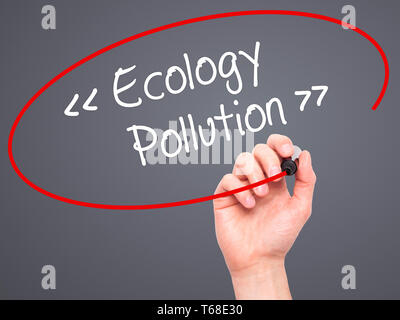 Man Hand writing Ecology - Pollution with black marker on visual screen Stock Photo