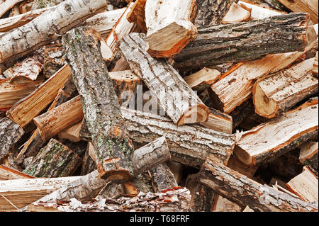Dry chopped firewood logs in pile. Stock Photo