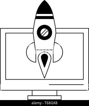 computer and rocket in black and white Stock Vector