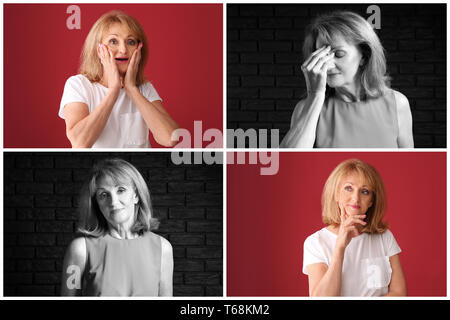 Collage of photos with beautiful emotional mature woman Stock Photo