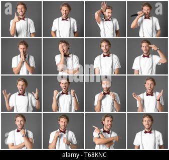 Handsome man with different emotions on grey background Stock Photo