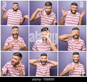 Handsome man with different emotions on color background Stock Photo