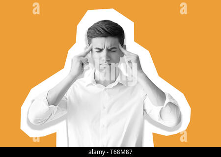 Portrait of handsome troubled young on color background Stock Photo