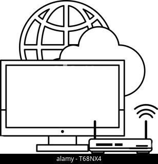 computer with router and globe in black and white Stock Vector