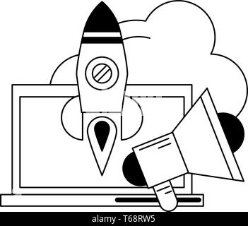 computer with peripone and rocket in black and white Stock Vector