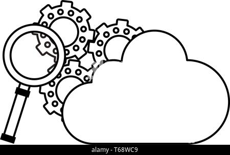 magnifying glass gears and cloud in black and white Stock Vector