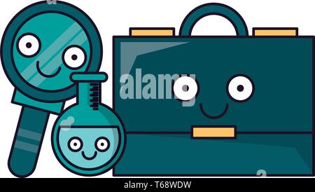 Business briefcase with magnifying glass and flask Stock Vector