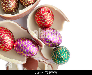 Composition with chocolate Easter eggs on white background Stock Photo