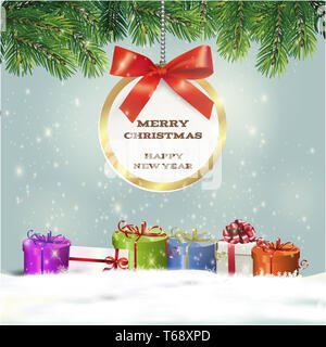 Congratulatory Christmas background with gifts. Vector illustration Stock Photo