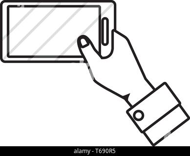 Hand holding using smartphone tech browsing apps social media  black and white vector illustration graphic design Stock Vector