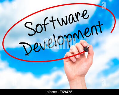 Man Hand writing Software Development with black marker on visual screen Stock Photo