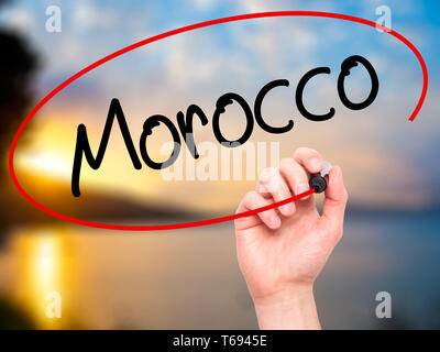 Man Hand writing Morocco  with black marker on visual screen Stock Photo