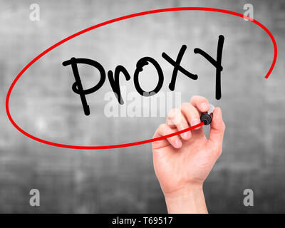 Man Hand writing Proxy with black marker on visual screen. Stock Photo