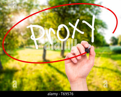 Man Hand writing Proxy with black marker on visual screen. Stock Photo