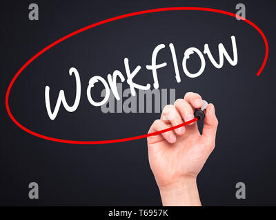 Man Hand writing Workflow  with black marker on visual screen. Stock Photo
