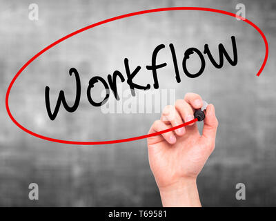 Man Hand writing Workflow  with black marker on visual screen. Stock Photo