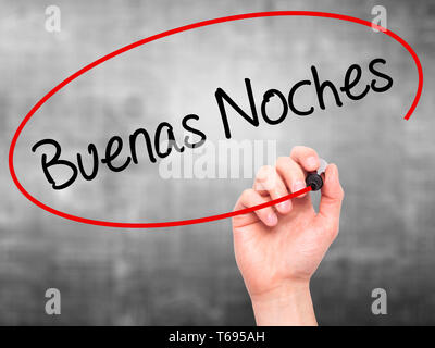 Man Hand writing Buenas Noches (Good Night In Spanish) with black marker on visual screen. Stock Photo