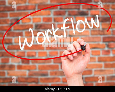 Man Hand writing Workflow  with black marker on visual screen. Stock Photo
