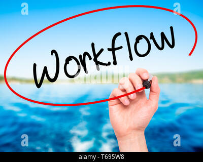 Man Hand writing Workflow  with black marker on visual screen. Stock Photo