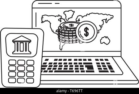 Digital banking services online tools worldwide laptop screen black and white vector illustration graphic design Stock Vector