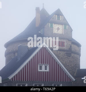battery tower of Castle Burg in fog, Solingen, North Rhine-Westphalia, Germany, Europa Stock Photo
