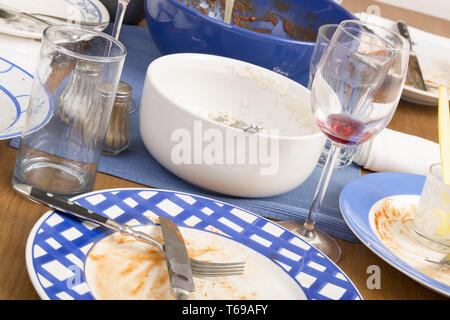 Several dirty dishes arranged on a wooden table Stock Photo