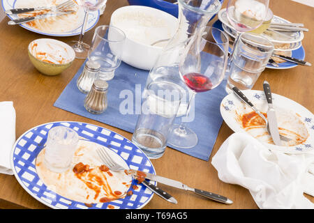 Table with several dirty dishes arranged on it Stock Photo