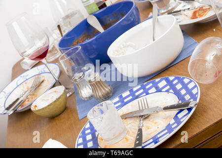 Table with several dirty dishes arranged on it Stock Photo