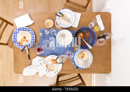 Table with chairs and dirty dishes arranged on it Stock Photo